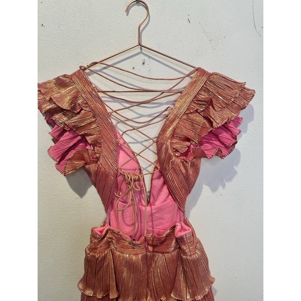 MAC DUGGAL Coral Pink Gold Ruffle Tiered Criss Cross Lace Up Back Gown Dress 2 - Picture 7 of 16